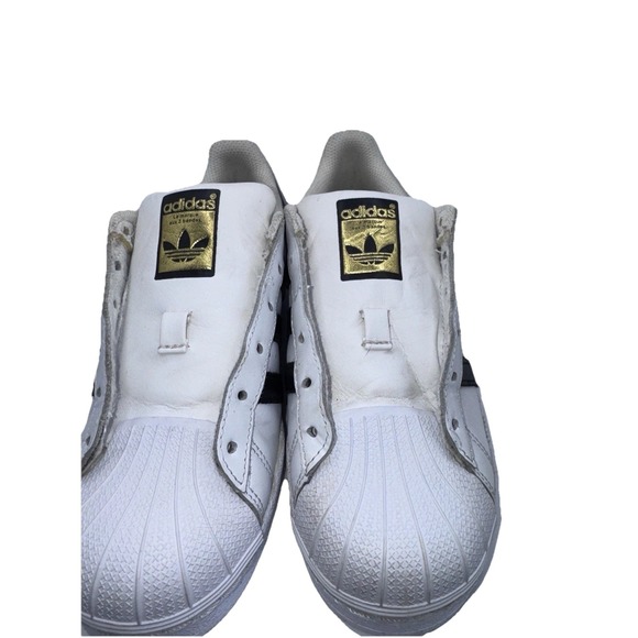 Adidas Superstar Classic White Black Stripe Sneakers - Size 3.5 Women's No Laces - Picture 2 of 9